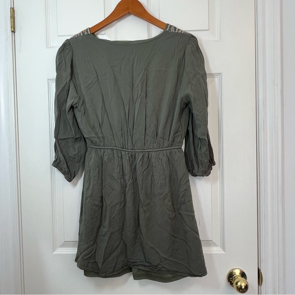 Savanna Jane Geometric Embroidered Patterned Olive Green Mini Dress Size Medium - Picture 4 of 10